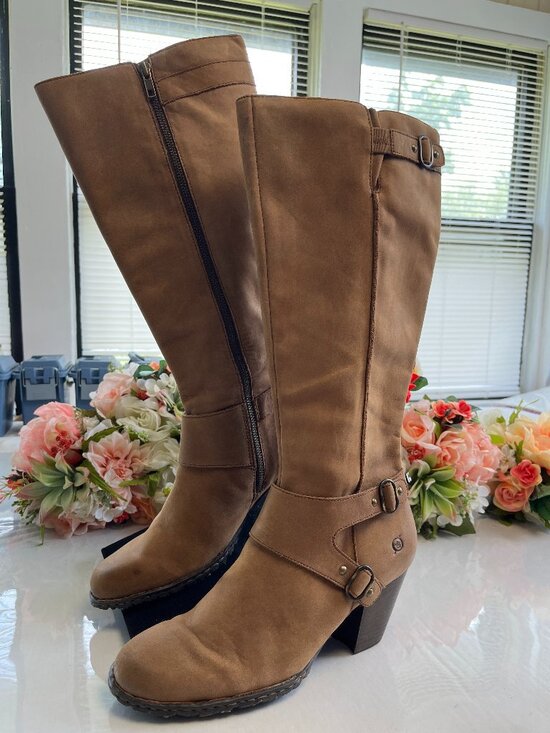 Born Shoes - Born Fannar Leather Knee High Boots Brown Harness Buckle Block Heel Size 10/42